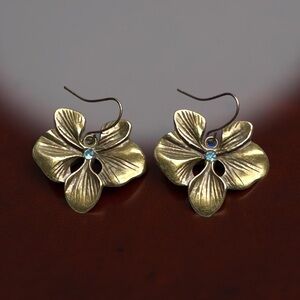 Artisan Antique Bronze Viola Floral Earrings with Aqua Blue Crystals